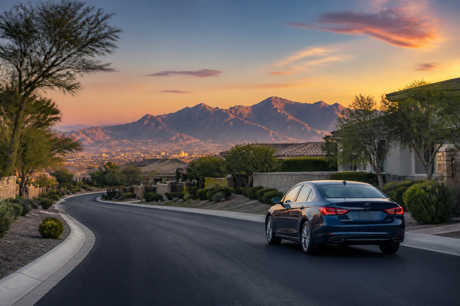 Dark blue sedan on a Las Vegas neighborhood street at sunset